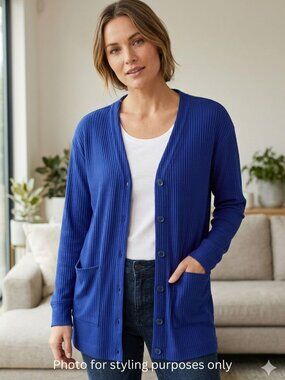 Cuddl Duds Ribbed V-Neck Cardigan in Blue